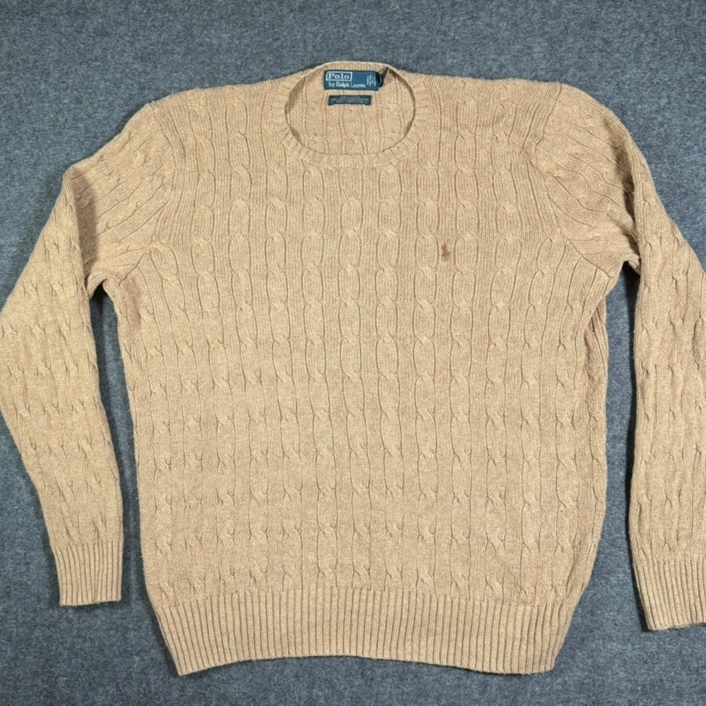 VTG Polo Ralph Lauren Mens XL Tan 100% Silk Cable Knit Crew Neck Sweater Camel